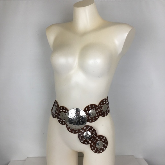 Women’s Bohemian Wide Leather Round Concho Western Belt Brown Silver Grommets Women main image 3